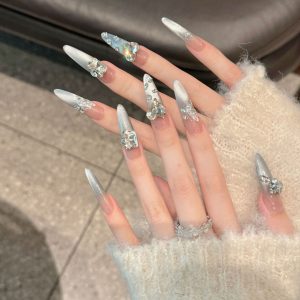 Sparkly Silver Crystal Nails