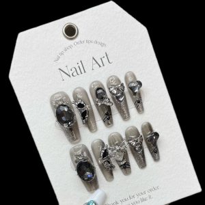 Glam Gray Gem & Bow Nails